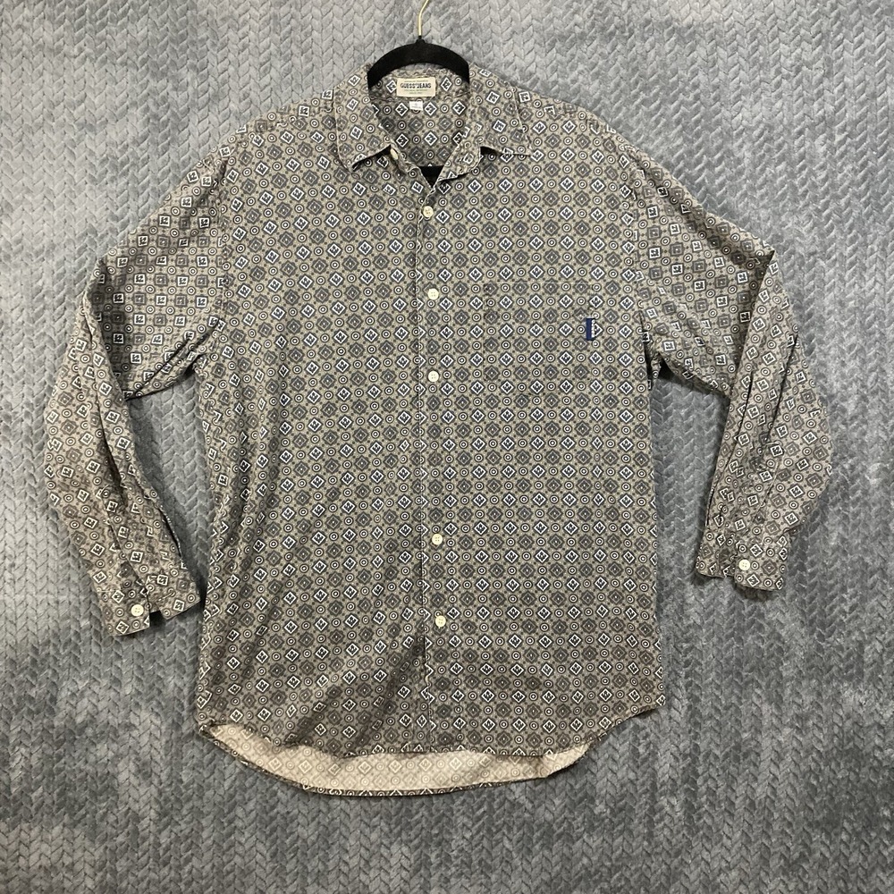 Vintage Guess Jeans Geometric Collared Button Up Shirt Men's S Long Sleeve 90s